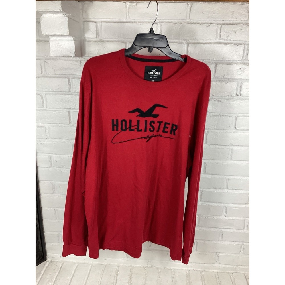 Hollister Mens XXL Red Black Long Sleeve Logo Graphic Tee Spellout Cotton
